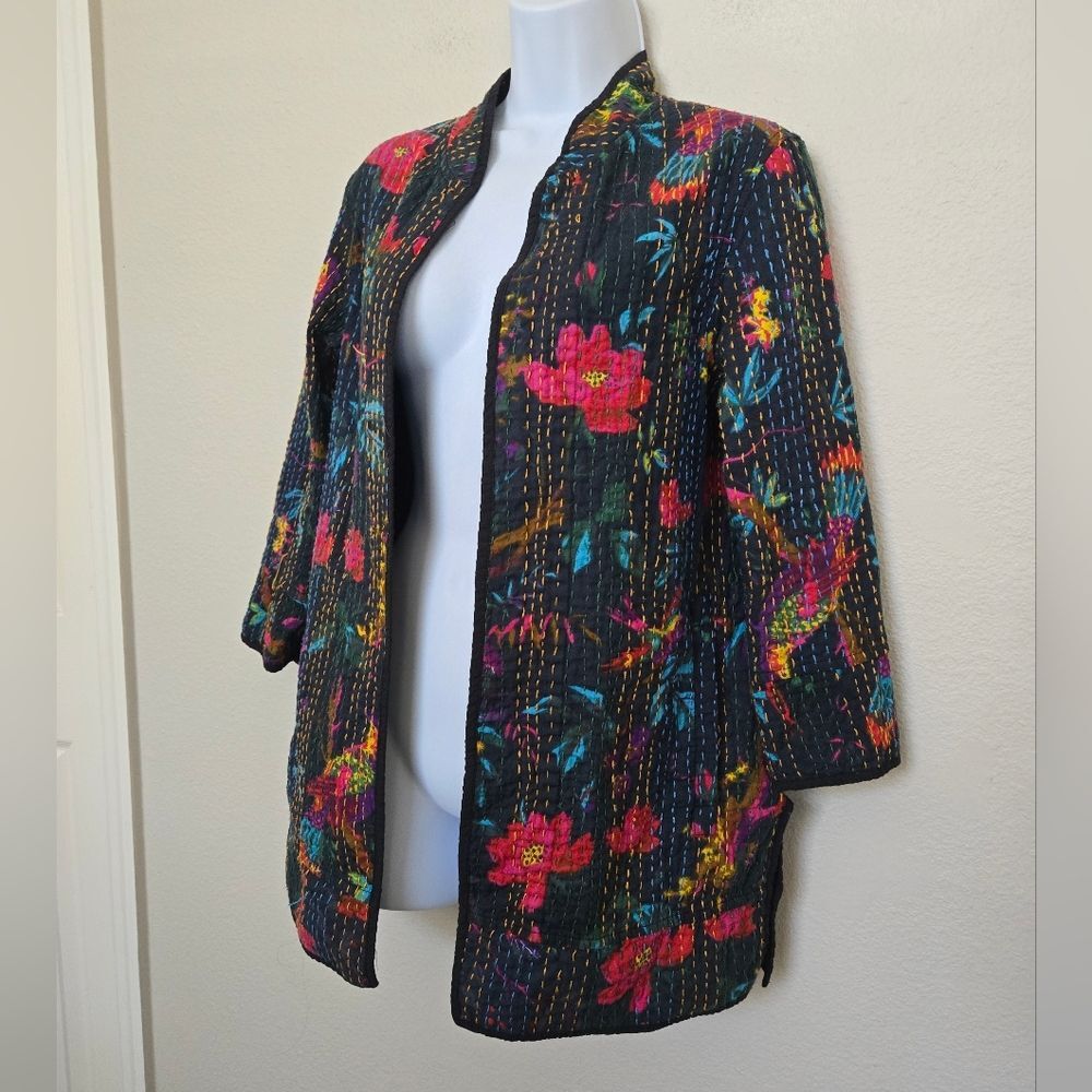 Bohemian Floral Birds Cotton Black Long Jacket Size Small - Picture 7 of 14